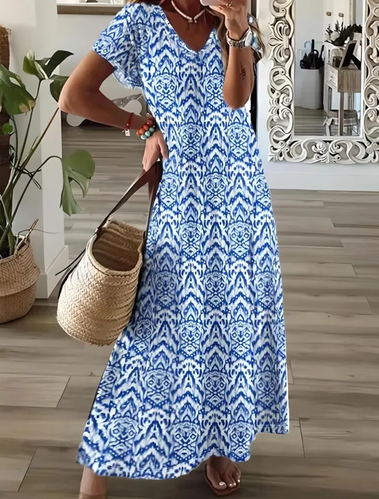 Clearance Women's Maxi Dress Sundress A Line Dress Vacation Casual Boho Going out Beach Loose Fit Floral Graphic Geometric Short Sleeve V Neck Light Brown Blue Sky Blue Grey Summer Spring Women Vacation Dresses