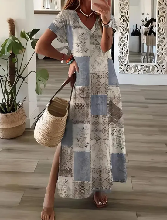 Clearance Women's Maxi Dress Sundress A Line Dress Vacation Casual Boho Going out Beach Loose Fit Floral Graphic Geometric Short Sleeve V Neck Light Brown Blue Sky Blue Grey Summer Spring Women Vacation Dresses