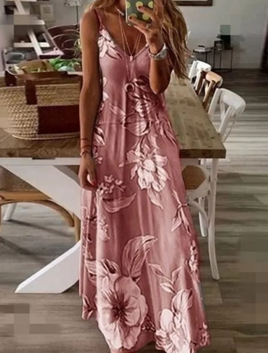 New Women's Maxi Dress Sundress A Line Dress Floral Dress Fashion Modern Casual Vacation Casual Daily Regular Fit Floral Sleeveless V Neck Pink Blue Purple Fuchsia Summer Spring Women Vacation Dresses