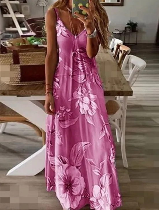 New Women's Maxi Dress Sundress A Line Dress Floral Dress Fashion Modern Casual Vacation Casual Daily Regular Fit Floral Sleeveless V Neck Pink Blue Purple Fuchsia Summer Spring Women Vacation Dresses