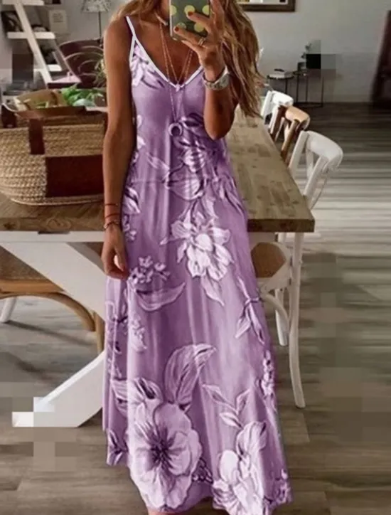 New Women's Maxi Dress Sundress A Line Dress Floral Dress Fashion Modern Casual Vacation Casual Daily Regular Fit Floral Sleeveless V Neck Pink Blue Purple Fuchsia Summer Spring Women Vacation Dresses