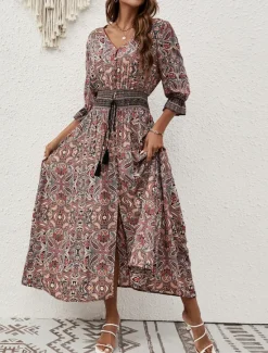 Sale Women's Maxi Dress Sundress A Line Dress Vacation Casual Boho Party Going out Beach Regular Fit Paisley Half Sleeve V Neck Reddish brown Peacock Blue Summer Spring Women Vacation Dresses