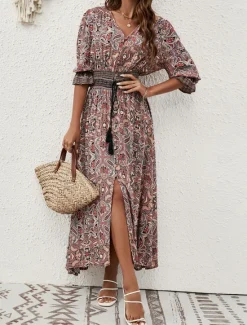 Sale Women's Maxi Dress Sundress A Line Dress Vacation Casual Boho Party Going out Beach Regular Fit Paisley Half Sleeve V Neck Reddish brown Peacock Blue Summer Spring Women Vacation Dresses