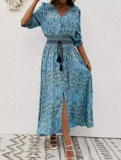 Sale Women's Maxi Dress Sundress A Line Dress Vacation Casual Boho Party Going out Beach Regular Fit Paisley Half Sleeve V Neck Reddish brown Peacock Blue Summer Spring Women Vacation Dresses