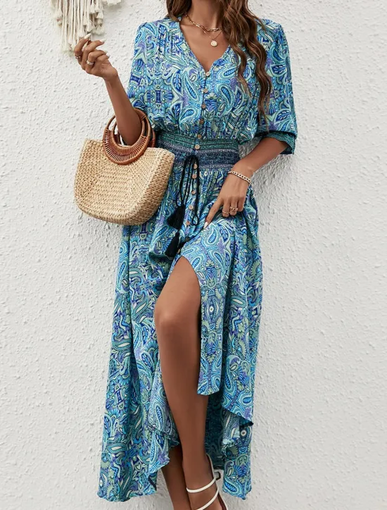 Sale Women's Maxi Dress Sundress A Line Dress Vacation Casual Boho Party Going out Beach Regular Fit Paisley Half Sleeve V Neck Reddish brown Peacock Blue Summer Spring Women Vacation Dresses