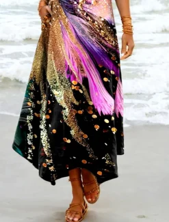 Women's Maxi Dress Sundress Shift Dress Vacation Boho Beach Party Beach Standard Fit Ombre Graphic Galaxy Sleeveless V Neck Summer Spring Women Floral Dresses|Vacation Dresses