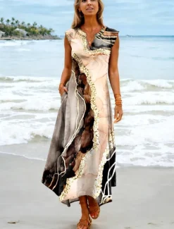 Online Women's Maxi Dress Sundress Shift Dress Vacation Casual Beach Party Beach Loose Fit Graphic Marbling Sleeveless V Neck Summer Spring Women Floral Dresses