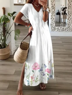 Outlet Women's Maxi Dress Sundress A Line Dress Vacation Casual Beach Party Going out Regular Fit Floral Graphic Short Sleeve V Neck Light Pink White Pink Spring Fall Women Vacation Dresses