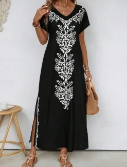Clearance Women's Maxi Dress Sundress Shift Dress A Line Dress Ethnic Casual Drop Shoulder Daily Loose Fit Graphic Short Sleeve V Neck Summer Women Spring Dresses|T Shirt Dresses