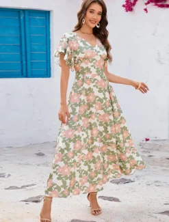 Best Women's Maxi Dress Sundress A Line Dress Vacation Party Casual Butterfly Sleeve Party Office Birthday Regular Fit Floral Graphic Short Sleeve V Neck Summer Spring Women Casual Dress