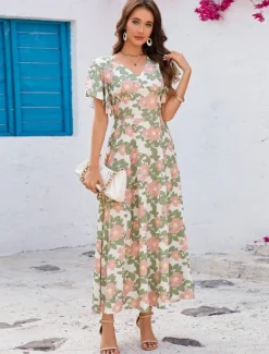 Best Women's Maxi Dress Sundress A Line Dress Vacation Party Casual Butterfly Sleeve Party Office Birthday Regular Fit Floral Graphic Short Sleeve V Neck Summer Spring Women Casual Dress