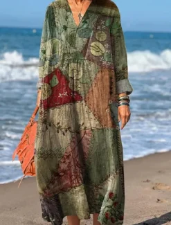 Women's Maxi Dress Sundress A Line Dress Vacation Casual Boho Party Holiday Beach Loose Fit Floral Graphic Geometric Long Sleeve V Neck Yellow Red Fuchsia Orange Summer Spring Fall Women Casual Dress|Vacation Dresses