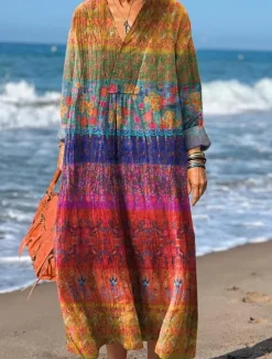Women's Maxi Dress Sundress A Line Dress Vacation Casual Boho Party Holiday Beach Loose Fit Floral Graphic Geometric Long Sleeve V Neck Yellow Red Fuchsia Orange Summer Spring Fall Women Casual Dress|Vacation Dresses