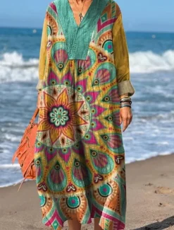 Women's Maxi Dress Sundress A Line Dress Vacation Casual Boho Party Holiday Beach Loose Fit Floral Graphic Geometric Long Sleeve V Neck Yellow Red Fuchsia Orange Summer Spring Fall Women Casual Dress|Vacation Dresses
