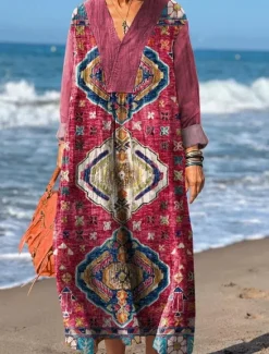 Women's Maxi Dress Sundress A Line Dress Vacation Casual Boho Party Holiday Beach Loose Fit Floral Graphic Geometric Long Sleeve V Neck Yellow Red Fuchsia Orange Summer Spring Fall Women Casual Dress|Vacation Dresses