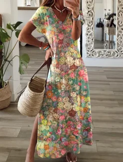 Hot Women's Maxi Dress Sundress Shift Dress A Line Dress Fashion Streetwear Modern Drop Shoulder Outdoor Vacation Daily Regular Fit Floral Ditsy Floral Short Sleeve V Neck Yellow Navy Women Spring Dresses