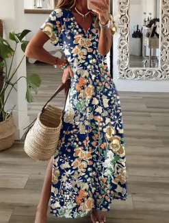 Hot Women's Maxi Dress Sundress Shift Dress A Line Dress Fashion Streetwear Modern Drop Shoulder Outdoor Vacation Daily Regular Fit Floral Ditsy Floral Short Sleeve V Neck Yellow Navy Women Spring Dresses