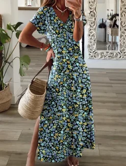 Hot Women's Maxi Dress Sundress Shift Dress A Line Dress Fashion Streetwear Modern Drop Shoulder Outdoor Vacation Daily Regular Fit Floral Ditsy Floral Short Sleeve V Neck Yellow Navy Women Spring Dresses