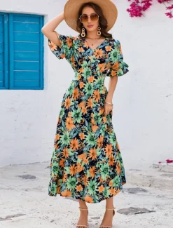 Outlet Women's Maxi Dress Sundress A Line Dress Vacation Casual Boho Party Going out Beach Standard Fit Floral Graphic Short Sleeve V Neck Summer Spring Women Vacation Dresses|Floral Dresses