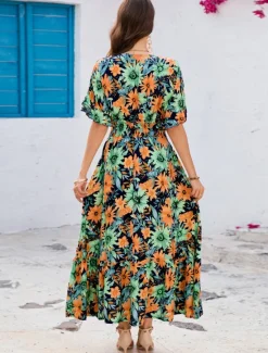 Outlet Women's Maxi Dress Sundress A Line Dress Vacation Casual Boho Party Going out Beach Standard Fit Floral Graphic Short Sleeve V Neck Summer Spring Women Vacation Dresses|Floral Dresses