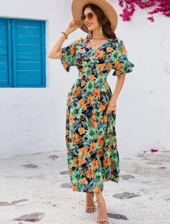 Outlet Women's Maxi Dress Sundress A Line Dress Vacation Casual Boho Party Going out Beach Standard Fit Floral Graphic Short Sleeve V Neck Summer Spring Women Vacation Dresses|Floral Dresses