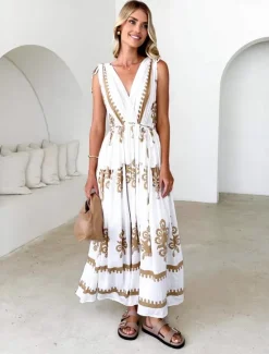Hot Women's Maxi Dress Sundress A Line Dress Vacation Party Casual Party Daily Holiday Regular Fit Floral Graphic Tribal Sleeveless V Neck Black print Brown print Summer Women Casual Dress