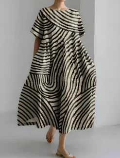 Best Women's Maxi Dress Sundress A Line Dress Summer Dress Vacation Casual Beach Daily Holiday Going out Loose Fit Graphic Geometric Linen Like Short Sleeve Crew Neck Boat Neck Dark Brown Light Brown Women Casual Dress|Vacation Dresses