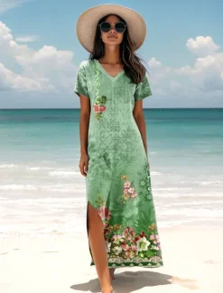 New Women's Maxi Dress Sundress A Line Dress Vacation Casual Vacation Daily Regular Fit Floral Graphic Short Sleeve V Neck Spring Fall Women Vacation Dresses