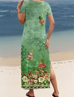 New Women's Maxi Dress Sundress A Line Dress Vacation Casual Vacation Daily Regular Fit Floral Graphic Short Sleeve V Neck Spring Fall Women Vacation Dresses