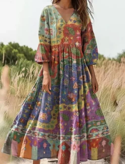 Outlet Women's Maxi Dress Sundress A Line Dress Pleated Dress Vacation Casual Boho Daily Holiday Going out Loose Fit Floral Graphic 3/4 Length Sleeve V Neck Yellow Purple Orange Women Vacation Dresses|Casual Dress