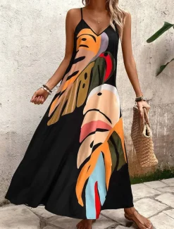 New Women's Maxi Dress Sundress A Line Dress Floral Dress Stylish Flowy Vacation Casual Beach Loose Fit Oil Painting Sleeveless V Neck Summer Women Vacation Dresses