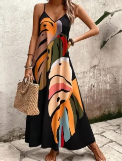 New Women's Maxi Dress Sundress A Line Dress Floral Dress Stylish Flowy Vacation Casual Beach Loose Fit Oil Painting Sleeveless V Neck Summer Women Vacation Dresses
