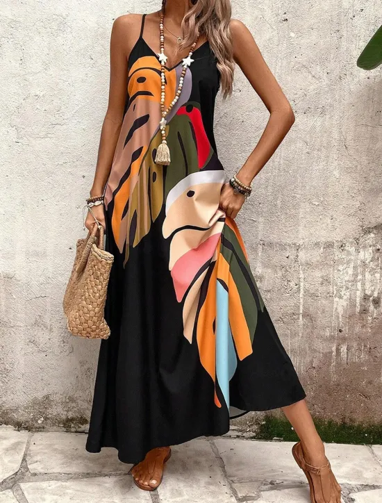 New Women's Maxi Dress Sundress A Line Dress Floral Dress Stylish Flowy Vacation Casual Beach Loose Fit Oil Painting Sleeveless V Neck Summer Women Vacation Dresses