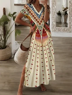 Sale Women's Maxi Dress Sundress A Line Dress Summer Dress Vacation Casual Vacation Daily Regular Fit Floral Graphic Short Sleeve V Neck Spring Fall Women Vacation Dresses|Casual Dress