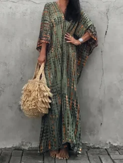 Sale Women's Maxi Dress Sundress Vacation Casual Boho Outdoor Party Going out Regular Fit Geometric 3/4 Length Sleeve V Neck Yellow Red Blue Green Summer Women Vacation Dresses