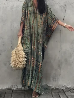 Sale Women's Maxi Dress Sundress Vacation Casual Boho Outdoor Party Going out Regular Fit Geometric 3/4 Length Sleeve V Neck Yellow Red Blue Green Summer Women Vacation Dresses