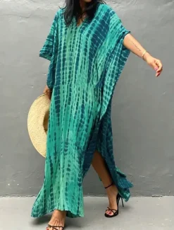 Sale Women's Maxi Dress Sundress Vacation Casual Boho Outdoor Party Going out Regular Fit Geometric 3/4 Length Sleeve V Neck Yellow Red Blue Green Summer Women Vacation Dresses