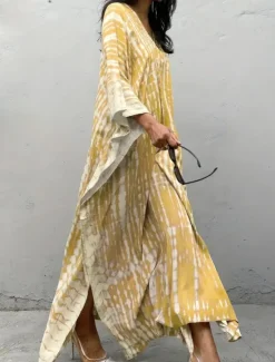 Sale Women's Maxi Dress Sundress Vacation Casual Boho Outdoor Party Going out Regular Fit Geometric 3/4 Length Sleeve V Neck Yellow Red Blue Green Summer Women Vacation Dresses