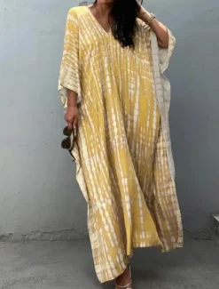 Sale Women's Maxi Dress Sundress Vacation Casual Boho Outdoor Party Going out Regular Fit Geometric 3/4 Length Sleeve V Neck Yellow Red Blue Green Summer Women Vacation Dresses