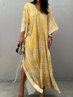 Sale Women's Maxi Dress Sundress Vacation Casual Boho Outdoor Party Going out Regular Fit Geometric 3/4 Length Sleeve V Neck Yellow Red Blue Green Summer Women Vacation Dresses