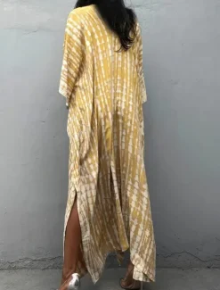 Sale Women's Maxi Dress Sundress Vacation Casual Boho Outdoor Party Going out Regular Fit Geometric 3/4 Length Sleeve V Neck Yellow Red Blue Green Summer Women Vacation Dresses