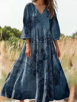 Outlet Women's Maxi Dress Sundress A Line Dress Pleated Dress Vacation Casual Boho Going out Loose Fit Floral Graphic 3/4 Length Sleeve V Neck Green Dark Blue Women Vacation Dresses