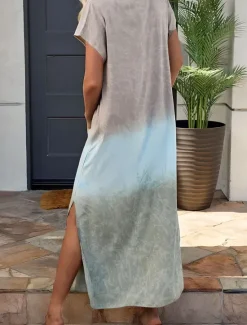 Best Women's Maxi Dress Sundress Summer Dress Vacation Casual Vacation Daily Regular Fit Ombre Graphic Short Sleeve V Neck Yellow Blue Orange Summer Women Casual Dress