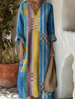Online Women's Maxi Dress Sundress A Line Dress Vacation Casual Boho Party Holiday Beach Loose Fit Graphic Geometric Abstract Long Sleeve V Neck Dark Brown Dark Red Red Light Brown Spring Fall Women Vacation Dresses