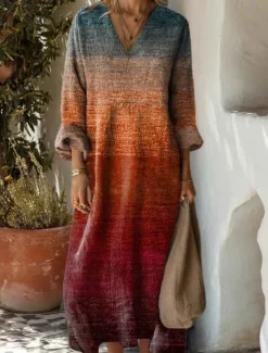 Online Women's Maxi Dress Sundress A Line Dress Vacation Casual Boho Party Holiday Beach Loose Fit Graphic Geometric Abstract Long Sleeve V Neck Dark Brown Dark Red Red Light Brown Spring Fall Women Vacation Dresses