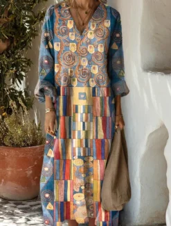 Online Women's Maxi Dress Sundress A Line Dress Vacation Casual Boho Party Holiday Beach Loose Fit Graphic Geometric Abstract Long Sleeve V Neck Dark Brown Dark Red Red Light Brown Spring Fall Women Vacation Dresses