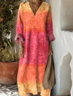 Online Women's Maxi Dress Sundress A Line Dress Vacation Casual Boho Party Holiday Beach Loose Fit Graphic Geometric Abstract Long Sleeve V Neck Dark Brown Dark Red Red Light Brown Spring Fall Women Vacation Dresses