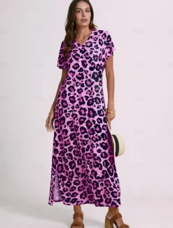 New Women's Maxi Dress Sundress Shift Dress Summer Dress Streetwear Sexy Drop Shoulder Vacation Party Holiday Regular Fit Leopard Short Sleeve V Neck Pink Blue Khaki Summer Spring Women Spring Dresses|T Shirt Dresses