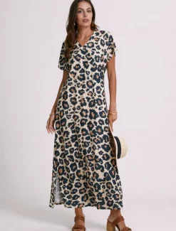 New Women's Maxi Dress Sundress Shift Dress Summer Dress Streetwear Sexy Drop Shoulder Vacation Party Holiday Regular Fit Leopard Short Sleeve V Neck Pink Blue Khaki Summer Spring Women Spring Dresses|T Shirt Dresses