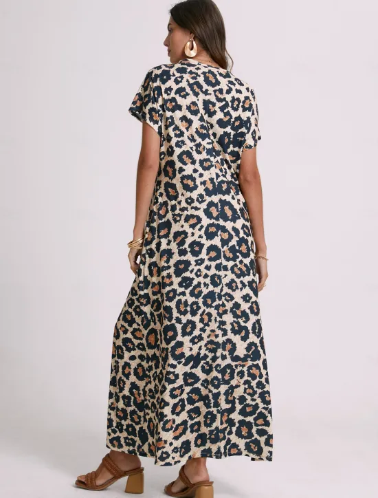 New Women's Maxi Dress Sundress Shift Dress Summer Dress Streetwear Sexy Drop Shoulder Vacation Party Holiday Regular Fit Leopard Short Sleeve V Neck Pink Blue Khaki Summer Spring Women Spring Dresses|T Shirt Dresses